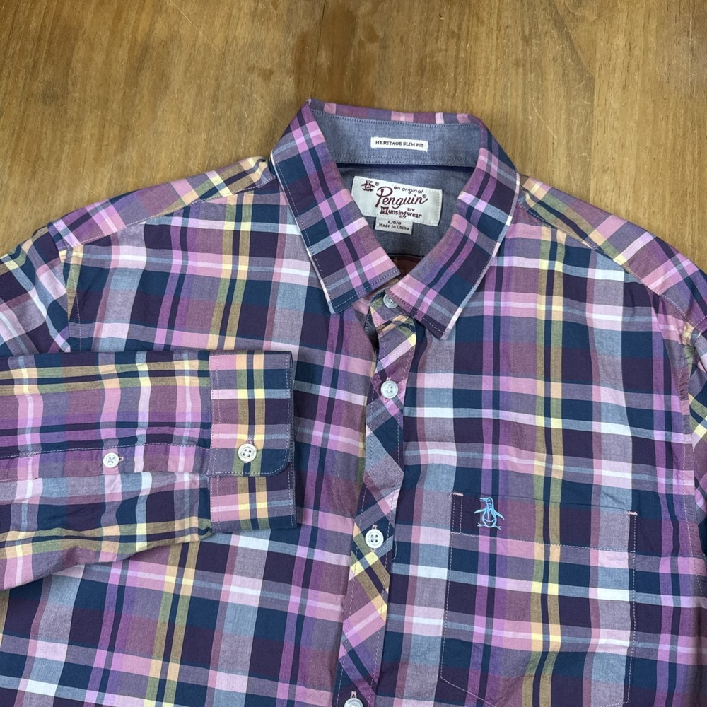 Original Penguin Munsingwear Long Sleeve Button Down Shirt Mens L Purple Plaid